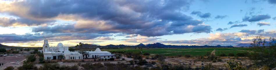 Exterior Mission San Xavier Del Bac at sunset, Tucson, Arizona, USA