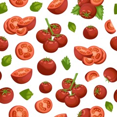 Tomatoes eco vegetables organic seamless pattern vector illustration. Vegan shop wrapping with summer tomatoes vegetation background.