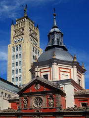 Fototapeta na wymiar Skycraper and Church of Calatrabas in Alcala Street in the city of Madrid. Spain. 