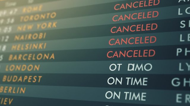 close-up of an airport departures board with flights from on time to canceled (3d render)