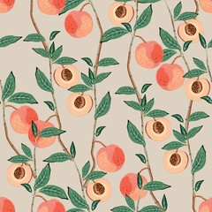 Peach tree branches with leaves and fruits on a light beige, cream background. Vector seamless illustration. Square repeating pattern for fabric and wallpaper.