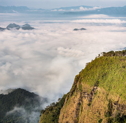 Fototapeta na wymiar Panorama sea of fog with forests and mountains ridge and grass meadow around trails on the mountain. Beautiful in nature landscape, Doi Thule, Tak province, Thailand