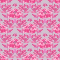 Large pink peonies flowers with graceful green leaves on a beige, cream background. Seamless vector floral illustration. Square repeating pattern for design, fabric and wallpaper