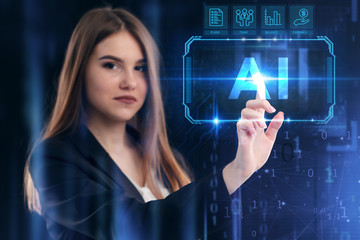 Business, Technology, Internet and network concept. Young businessman working on a virtual screen of the future and sees the inscription: AI