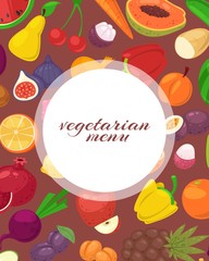 Vegeterian and vegan menu poster with tropical fruits and vegetables vector illustration. Vegetarian restaurant poster with pears, figs, cherry, papaya and ananas.