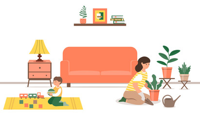 A young mother cares for houseplants while her son plays with toys. A woman is engaged in Khobi and looks after her son. Concept motherhood child rearing. Cute vector illustration in a flat style.