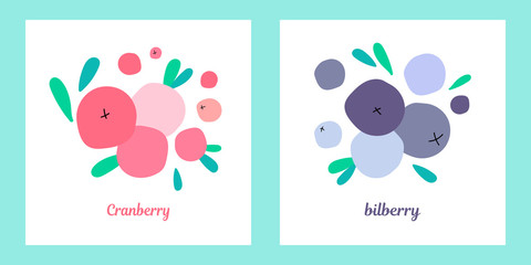 two illustrations with blueberries, bilberries, lingonberries,cranberries and green leaves