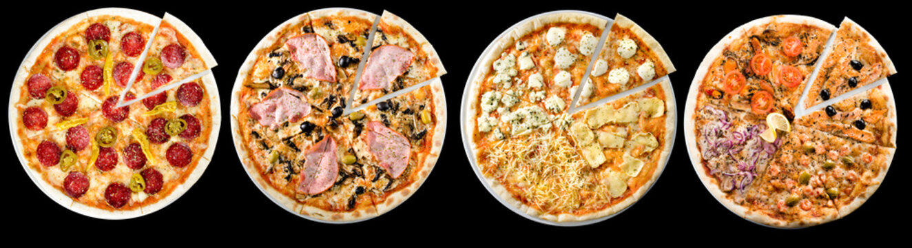 set of 4 pizzas on a black background top view