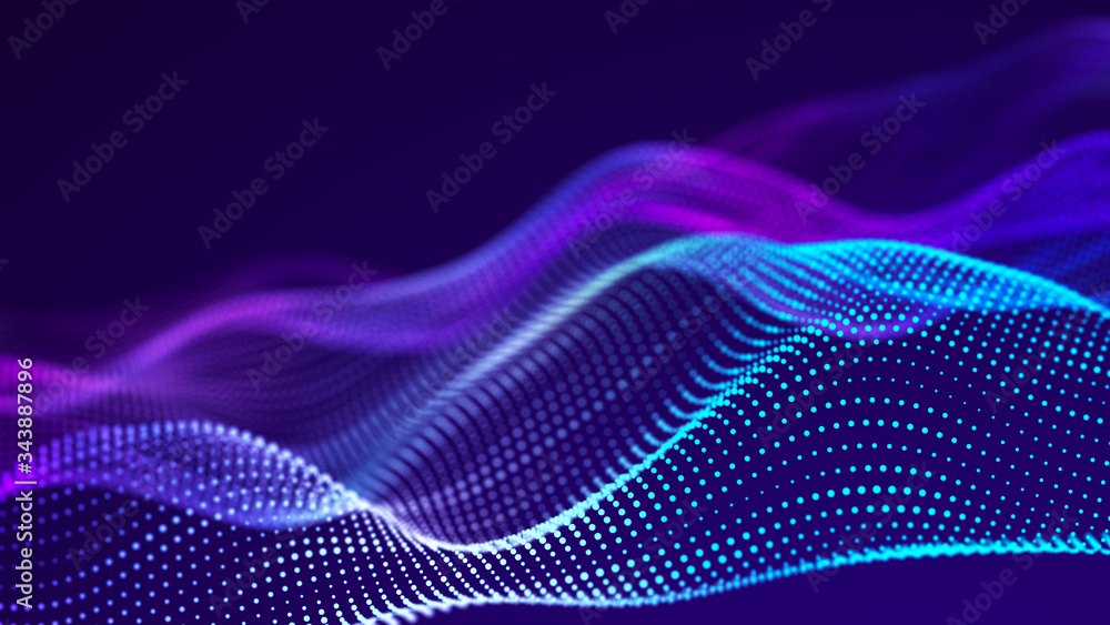 Poster abstract background with dynamic wave. digital wave of glowing particles. futuristic backdrop for de