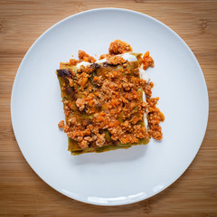 Delicious homemade Italian style lasagna made with meat sauce and mozzarella cheese