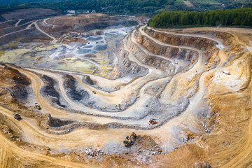 Mining from above. Industrial terraces on open pit  mineral mine. Aerial view of opencast mining....