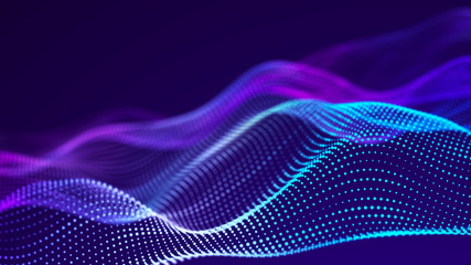 Abstract background with dynamic wave. Digital wave of glowing particles. Futuristic backdrop for design, wallpaper. 3D