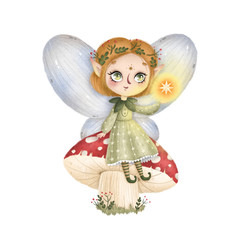 Cute cartoon little forest fairy with wings sits on a fly agaric mushroom on a white background.