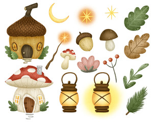 Cute cartoon forest magic fairy tale set on a white background. Mushroom house, acorn house, magic wand, mushrooms, acorn, leaves, flower, vintage lantern, berries, moon, stars