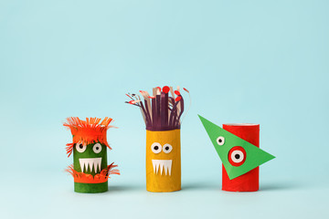 Antistress art therapy coronavirus pandemic, halloween concept - monsters from toilet paper roll tube. Simple diy creative idea. Eco-friendly reuse recycle decor, kindergarten paper craft