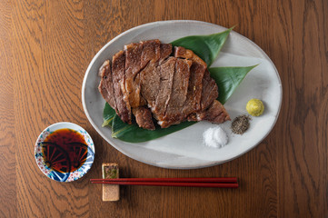 japanese wagyu steak with wasabi and soy sauce