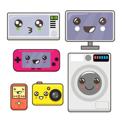 Funny illustrations of household appliances, action camera, game console, monitor, microwave, washing machine, player. Kawaii illustration.