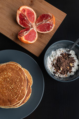 Nutritious breakfast with pancakes and cottage cheese