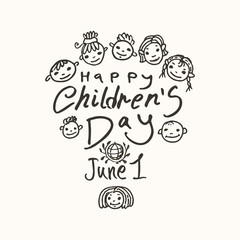Happy Children's Day. Doodle holiday illustration to the International Children's Day. The logo is drawn by marker. Children Art style sketch. Vector logo with funny baby faces by June 1.
