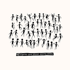 Vector illustration. 45 figures hand drawn dancing people. Set of Doodle People Move. Hand draw black marker art.