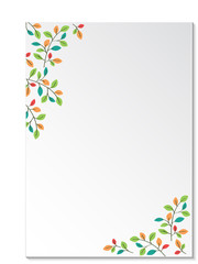 Minimalist floral wedding invitation card. Banner template with plants design on white background. Colored leaves at corners in vintage style. Vector illustration with empty place for text.