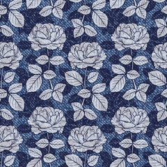 Denim Floral Seamless Pattern. Vector Background with Hand drawn Branches of Rose Flower outline Sketch. Blue Jeans Cloth Texture with Flowers and Leaves
