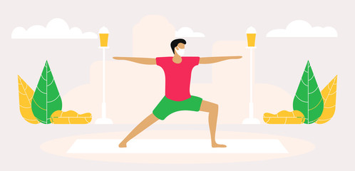 Guy in medical mask doing yoga in an outdoor park. Cartoon Flat Vector Illustration