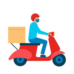 Scooter courier with box goods, delivery man in respiratory mask. Online delivery service, delivery home. Vector illustration