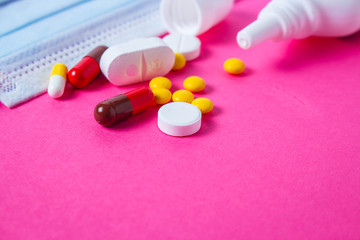 pills, different types of medicine for the disease, medical preparations. increase immunity and preventionbackground top view. copy space for text