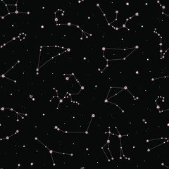 Modèle vectorielle continue avec des constellations du zodiaque rose sur fond noir. Fond de l& 39 espace.