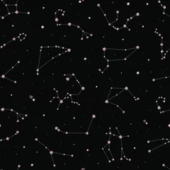 Tragetasche Nahtloses Vektormuster mit rosa Tierkreiskonstellationen auf schwarzem Hintergrund. Weltraum-Hintergrund. © Julia