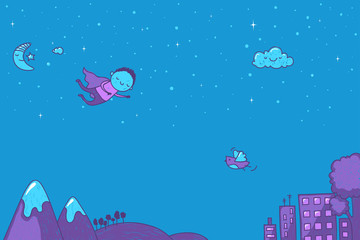 Fototapeta na wymiar Cute cartoon of a night scene with a superhero flying over the mountains and the city.