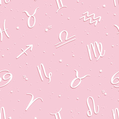 Seamless vector pattern with white zodiac signs on pink background. Space background.