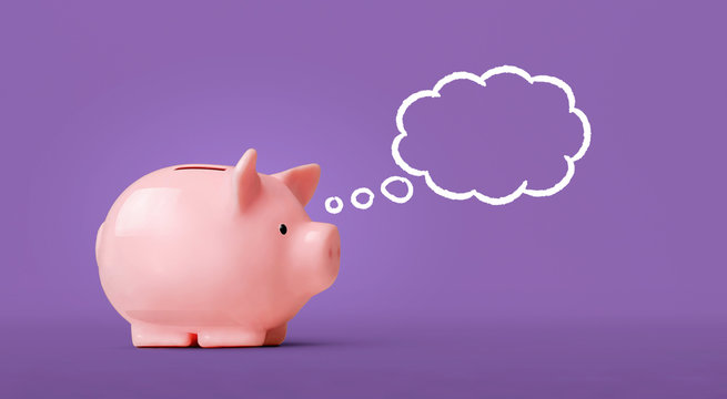Thinking piggy bank isolated on purple background