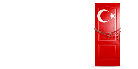Door colored in Turkey national flag, locking with chain. Countries lockdown during coronavirus, COVID spreading. Concept of medicine and healthcare. Worldwide epidemic, quarantine. Copyspace.