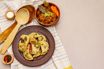 Dumplings stuffed stewed cabbage and sour cream. Traditional Ukrainian dish varenyky
