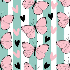 Beautiful pink butterflies with hearts on striped pastel background. Vector seamless pattern. Cute design for summer scrapbooking, nursery decor, gift wrap, cards, fashion prints, apparel.