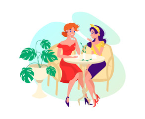 Obraz na płótnie Canvas Two young girl sitting at cafe table isolated on white, vector illustration in flat cartoon style. Two girlfriend drinking coffee and talking. Two female characters having a conversation and sitting