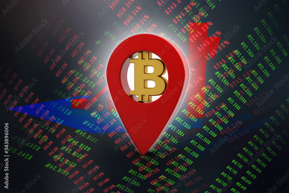 Poster 3d rendering bitcoin with navigation sign