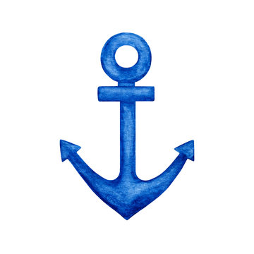 Watercolor blue decorative anchor. Hand drawn nautical (marine) illustration. Element for design print, card, invitation, posters, calendars, banners. Isolated on white background. Sea theme.