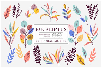 Fototapeta na wymiar Eucaliptus set isolated on bright background. Vector modern design for t-shirt,print material,cloth and textile. For invite and wedding card,wallpaper,poster,greeting card