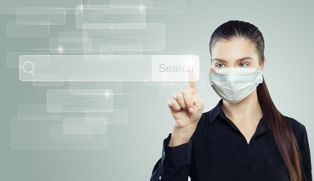 Woman in a face mask with empty address bar in virtual web browser