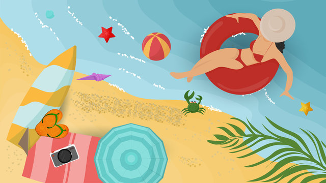 banner summer vacation on the beach a girl in a swimsuit sunbathing in the water on an inflatable circle on the beach things are lying on the sand for design design flat vector illustration