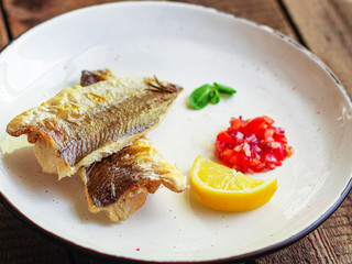 Fried fish fillet hake, seafood main course pescatarian
Menu concept. food background. top view copy space for text keto or paleo diet
