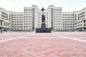 Minsk, Belarus - March 2020. Government parliament building and Lenin statue on Independence square. The central square of Minsk and the government building with a monument to Lenin
