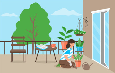 Obraz na płótnie Canvas A cute girl taking care of indoor or garden plants on the balcony. A young woman cultivates potted plants at home. Female character enjoying a hobby. Flat vector illustration in cartoon style.