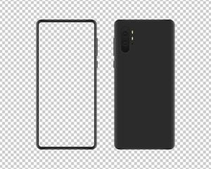 Blank smartphone in front and back view. Smartphone mockup isolated on transparent background. Mockup vector isolated. Template design. Realistic vector illustration.