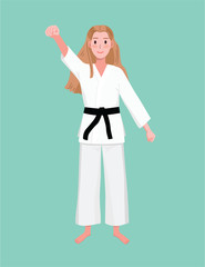 Vector flat illustration of woman with hand raised clenched in fist in kimono. Сombat training clothes for girls. Fight like a girl. Martial arts. Taekwondo, judo, karate training uniform. Female.