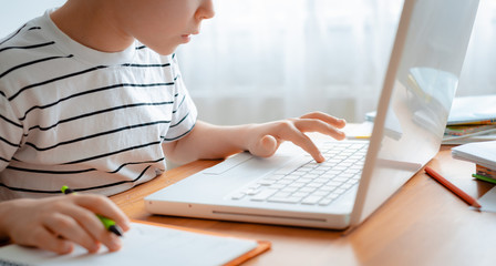 Distance learning online education. A schoolboy boy studies at home and does school homework. A...
