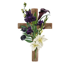 Christian wooden cross decorated with flowers and leaves